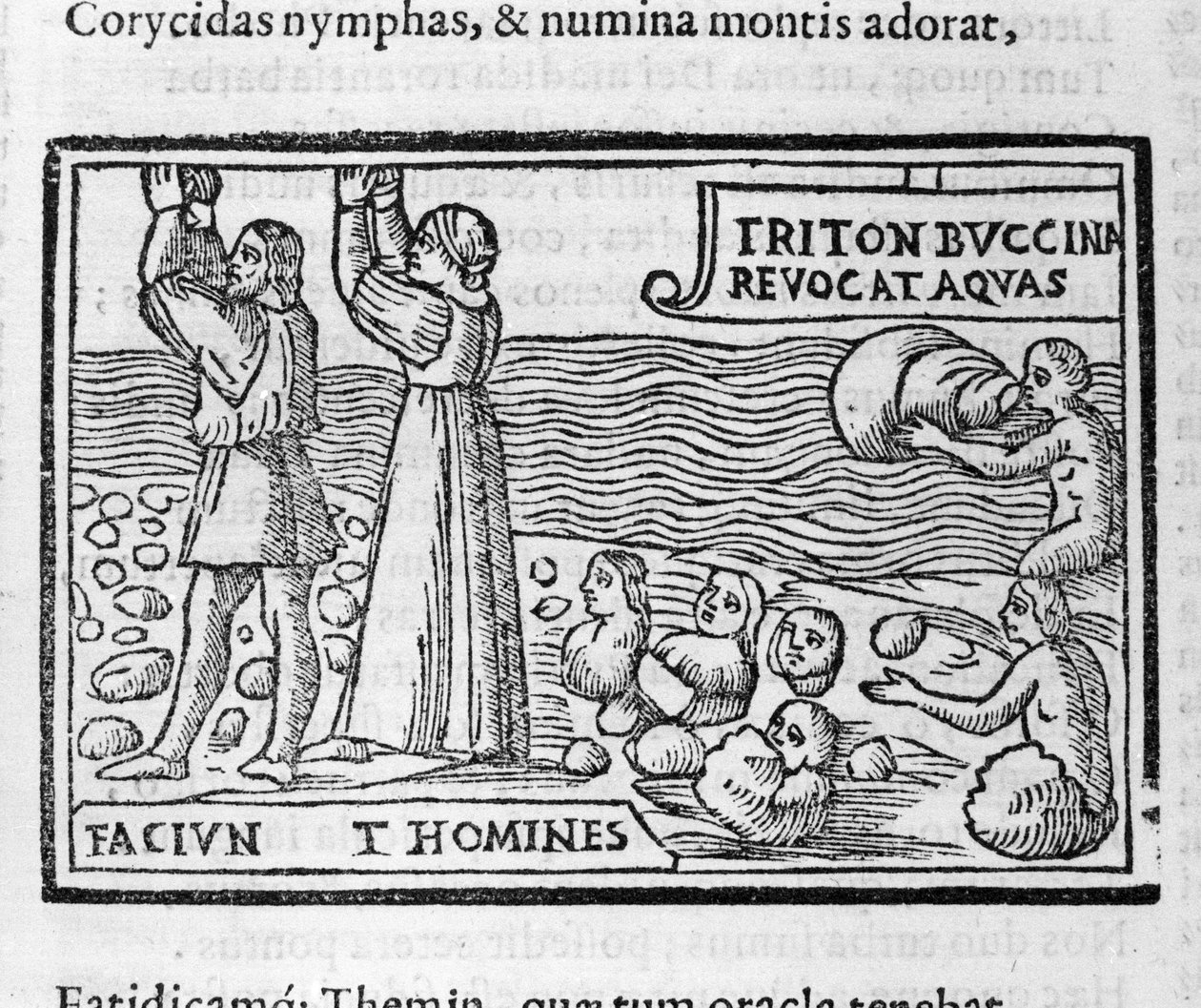 Mitologia grecka: Deucalion i Pyrrha rzucają kamieniami, które rodzą ludzi po potopie, aby zaludnić Ziemię. Ksylografia XVI wieku autorstwa Unknown artist