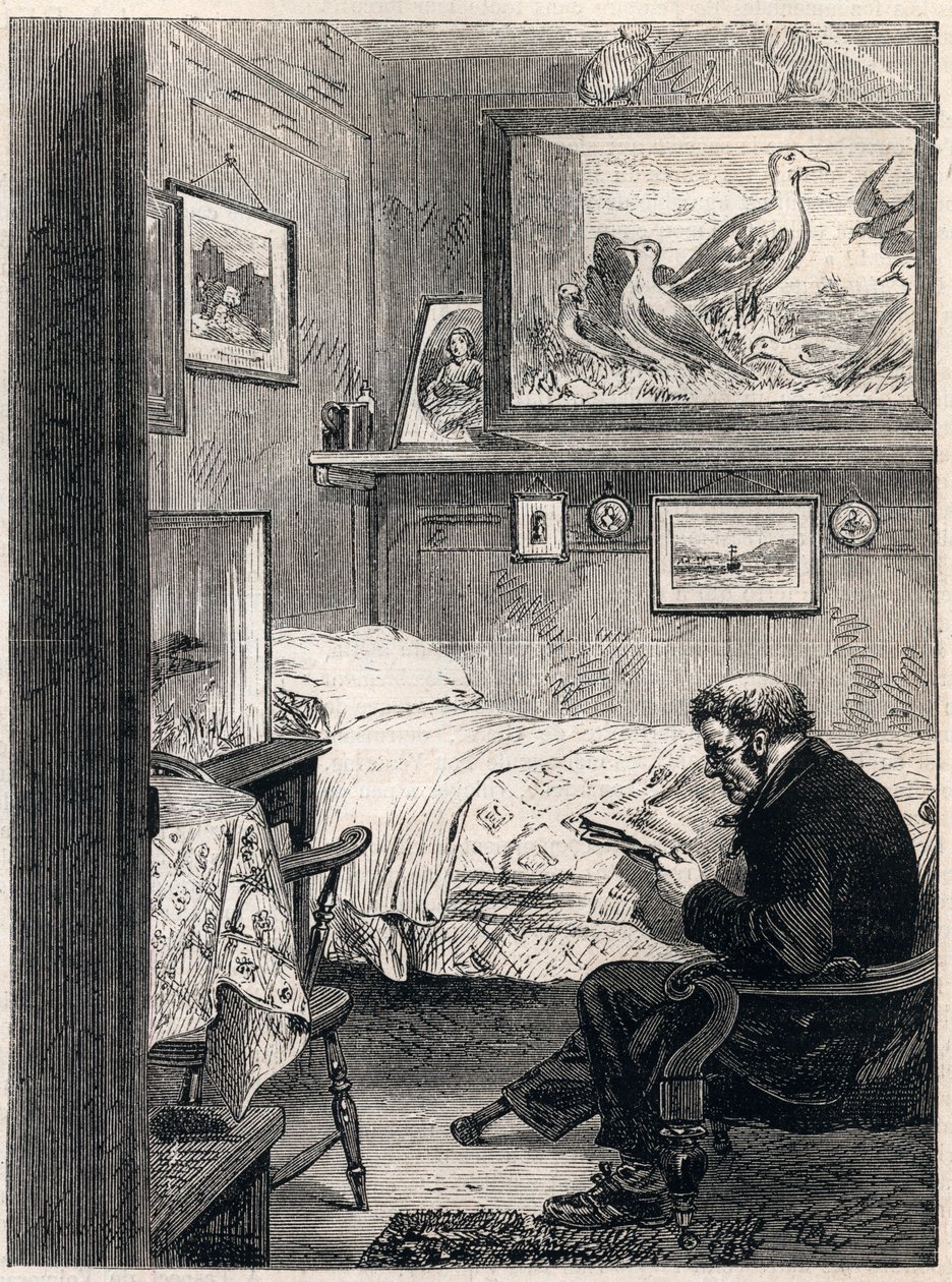 Greenwich Hospital Cabin Royal Charles Ward - Grawerunek emeryta marynarki wojennej w jego kwaterze emerytalnej z 1865 r. (Szpital Greenwich) - autorstwa Unknown artist