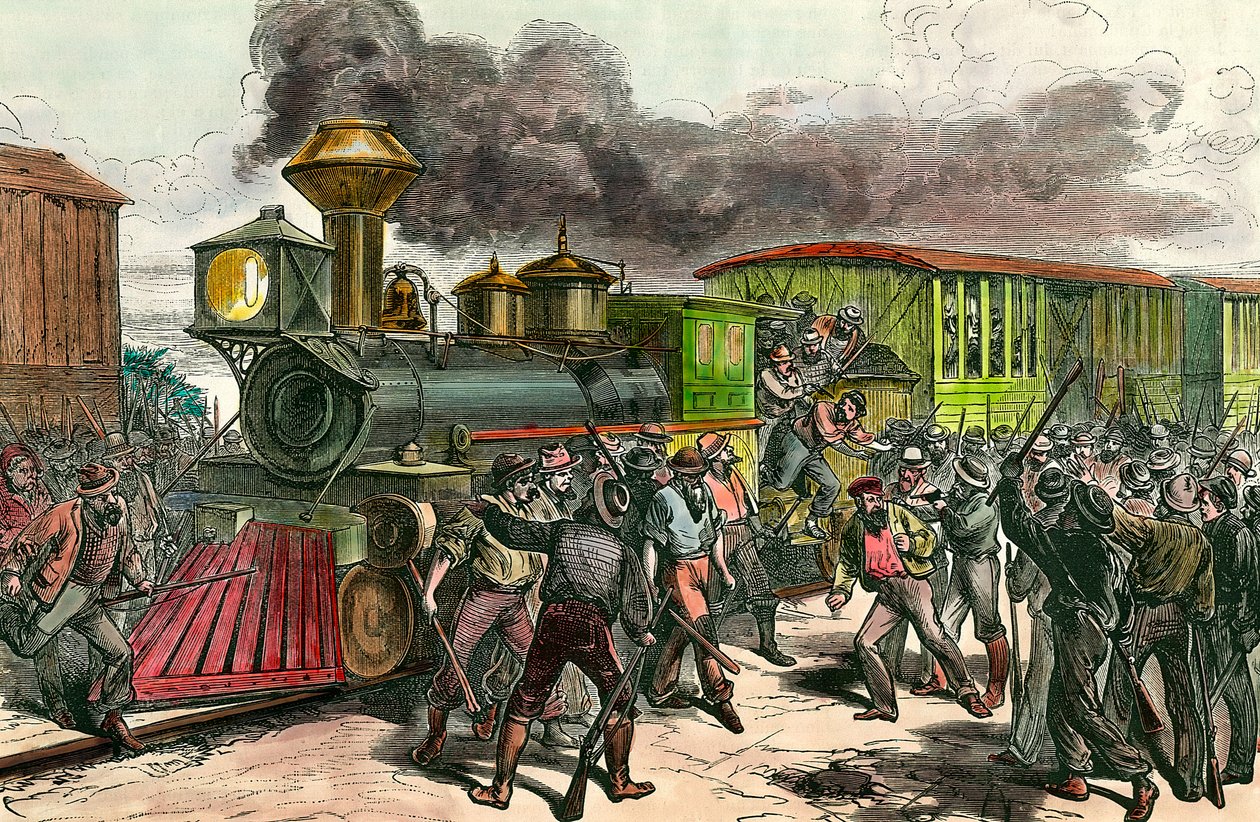 Greve na linii kolejowej łączącej Baltimore w stanie Ohio Pracownicy ścigają kierowców i inżynierów z pociągu jadącego do Baltimore. 1877 XIX-wieczna rycina Kolekcja prywatna autorstwa Unknown artist