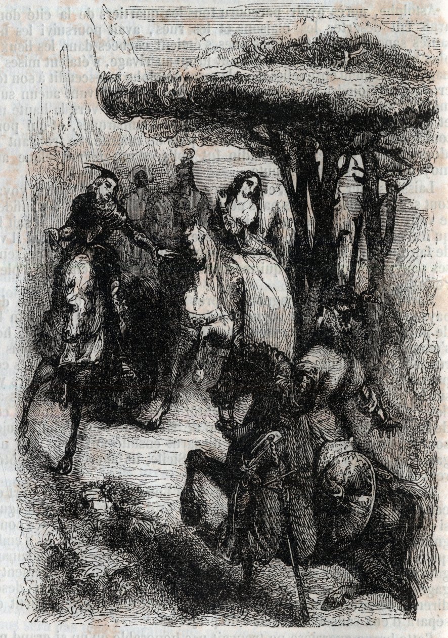 Griffon spotyka Origille - rycina z 1851 r. z „Wściekły Roland” (Orlando furioso) (XVI w.) Ludovico Ariosto, znanego jako Ariosto - Wydanie przetłumaczone z włoskiego przez hrabiego Tressan i wydane przez Gustave