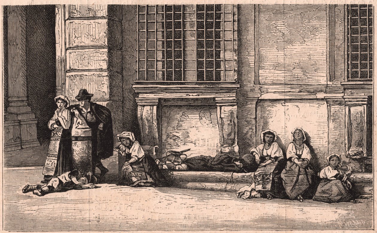 Grupa chłopów neapolitańskich siedzących przed pałacem Farnese w Rzymie, Włochy autorstwa Unknown