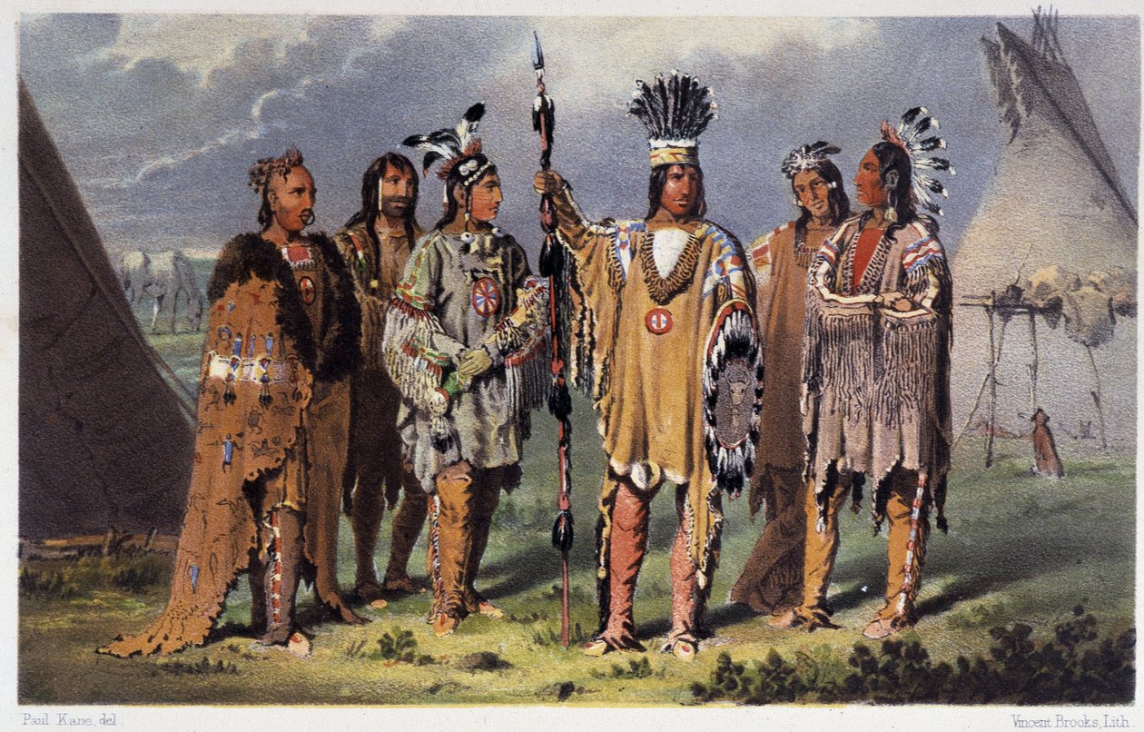 Grupa sześciu Indian Chiefs - w „Wędrówka artysty wśród Indian Ameryki Północnej” Paula Kane, Longmans & Roberts, Londyn autorstwa Unknown artist