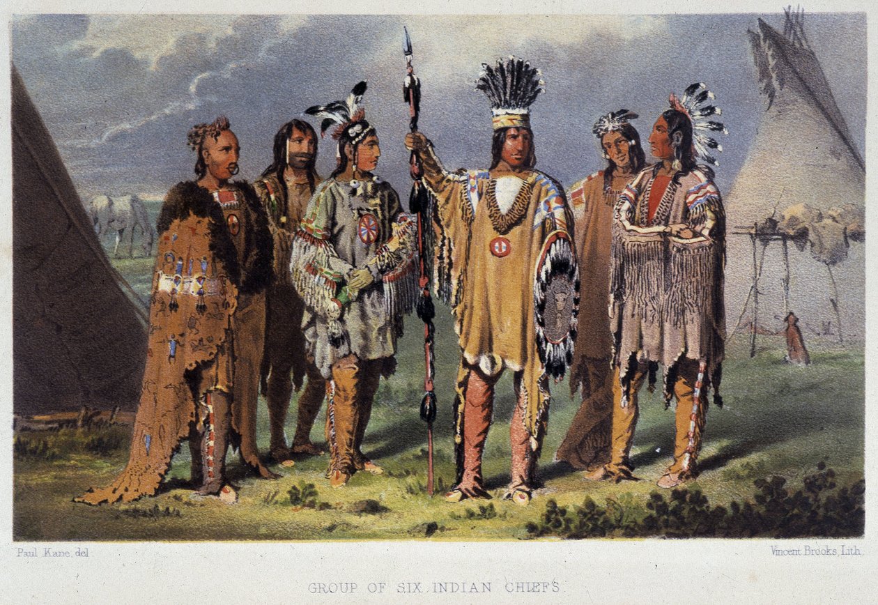 Grupa Sześciu Indian Chiefs - w „Wędrówka artysty wśród Indian Ameryki Północnej” Paula Kane, Longmans & Roberts, Londyn autorstwa Unknown artist