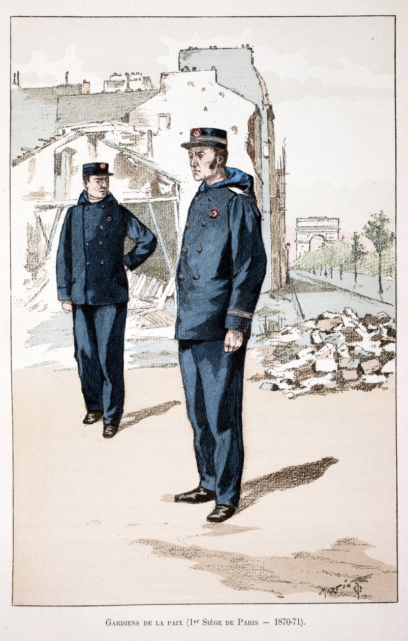 Strażnicy Pokoju (pierwsza siedziba Paryża 1870-1871). Akwaforta w kolorach, dla ilustracji „Historia Korpusu Strażników Pokoju””” wydana pod auspicjami Louisa Lepine’a (1846-1933) prefekta policji nad Sekwaną, autorstwa Alfreda Reya (1864-? autorstwa Unknown artist
