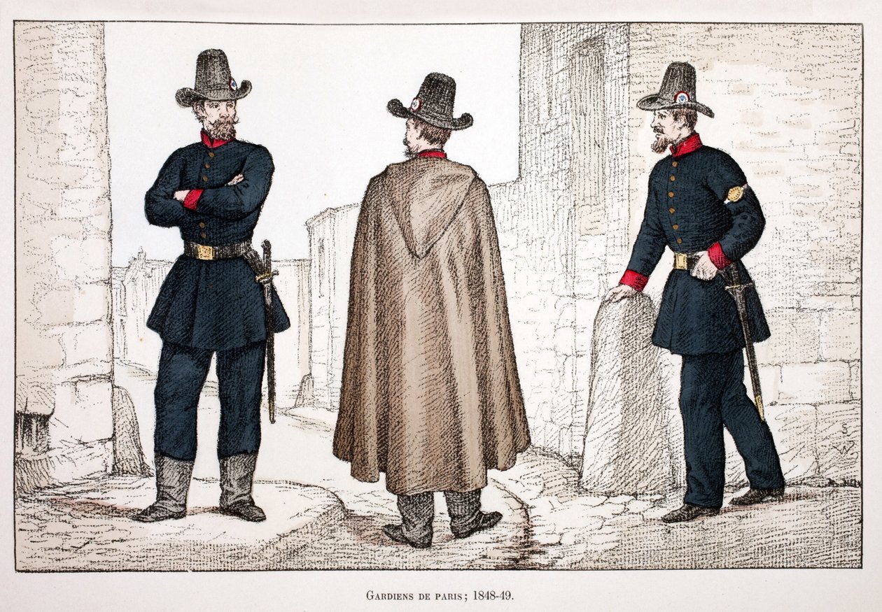 Strażnicy Pokoju (1848-1849). Akwaforta w kolorach, dla ilustracji „Historia korpusu sił pokojowych””” książka wydana pod patronatem Louisa Lepine’a (1846-1933) prefekta policji nad Sekwaną, autorstwa Alfreda Reya (1864-?) i Louisa Ferona autorstwa Unknown artist
