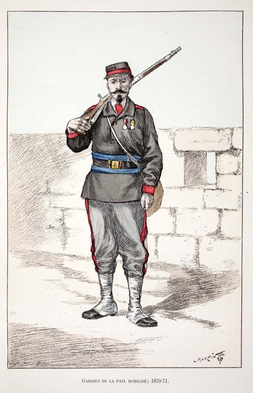 Mobilizują się Strażnicy Pokoju (1870-1871). Akwaforta w kolorach, dla ilustracji „Historia korpusu sił pokojowych””” książka wydana pod patronatem prefekta policji nad Sekwaną Louisa Lepine’a (1846-1933), autorstwa Alfreda Reya (1864-?) i Lo autorstwa Unknown artist