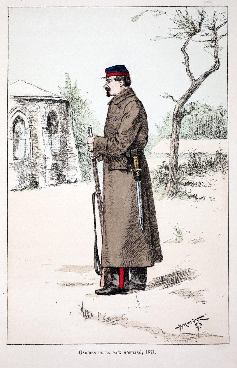 Mobilizują się Strażnicy Pokoju (1871). Akwaforta w kolorach, dla ilustracji „Historia korpusu sił pokojowych””” książka wydana pod auspicjami Louisa Lepine’a (1846-1933) prefekta policji nad Sekwaną, autorstwa Alfreda Reya (1864-?) i Louisa F. autorstwa Unknown artist