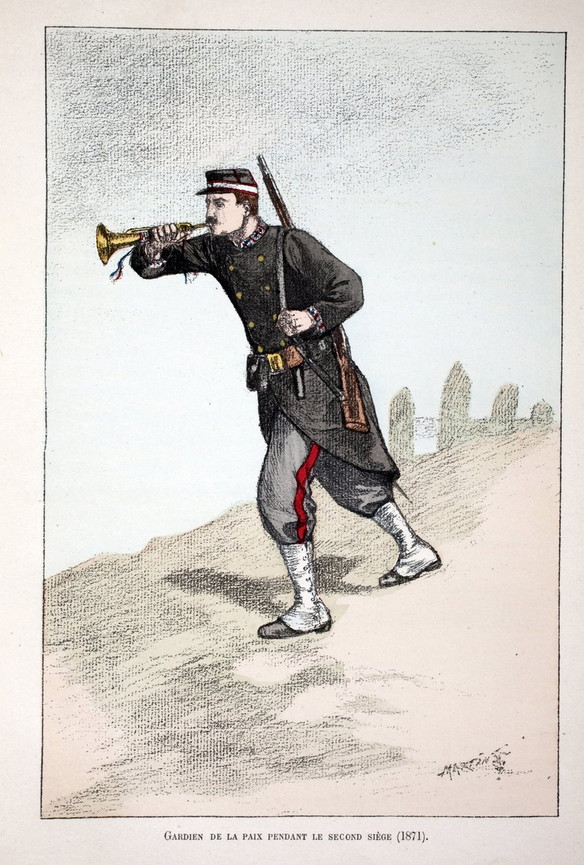 Strażnicy pokoju podczas II siedziby Komuny Paryskiej (1871). Akwaforta w kolorach, dla ilustracji „Historia Korpusu Strażników Pokoju”” wydana pod patronatem Louisa Lepine’a (1846-1933) prefekta policji Sekwany, autorstwa Unknown artist