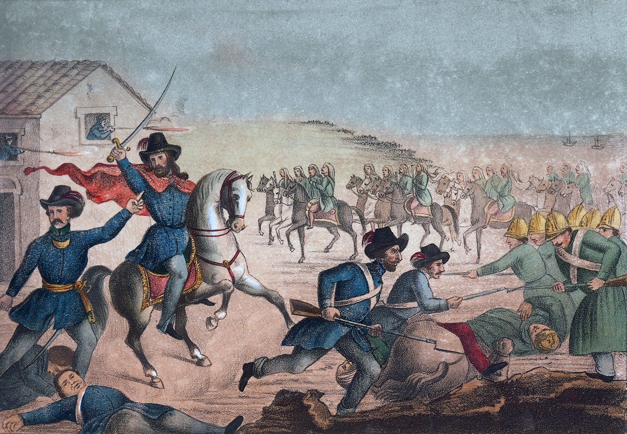 Guerra Grande: Garibaldi w bitwie pod San Antonio, 8 lutego 1846 - Urugwaj - Urugwajska wojna domowa: Giuseppe Garibaldi podczas bitwy pod San Antonio w Urugwaju 8 lutego autorstwa Unknown artist