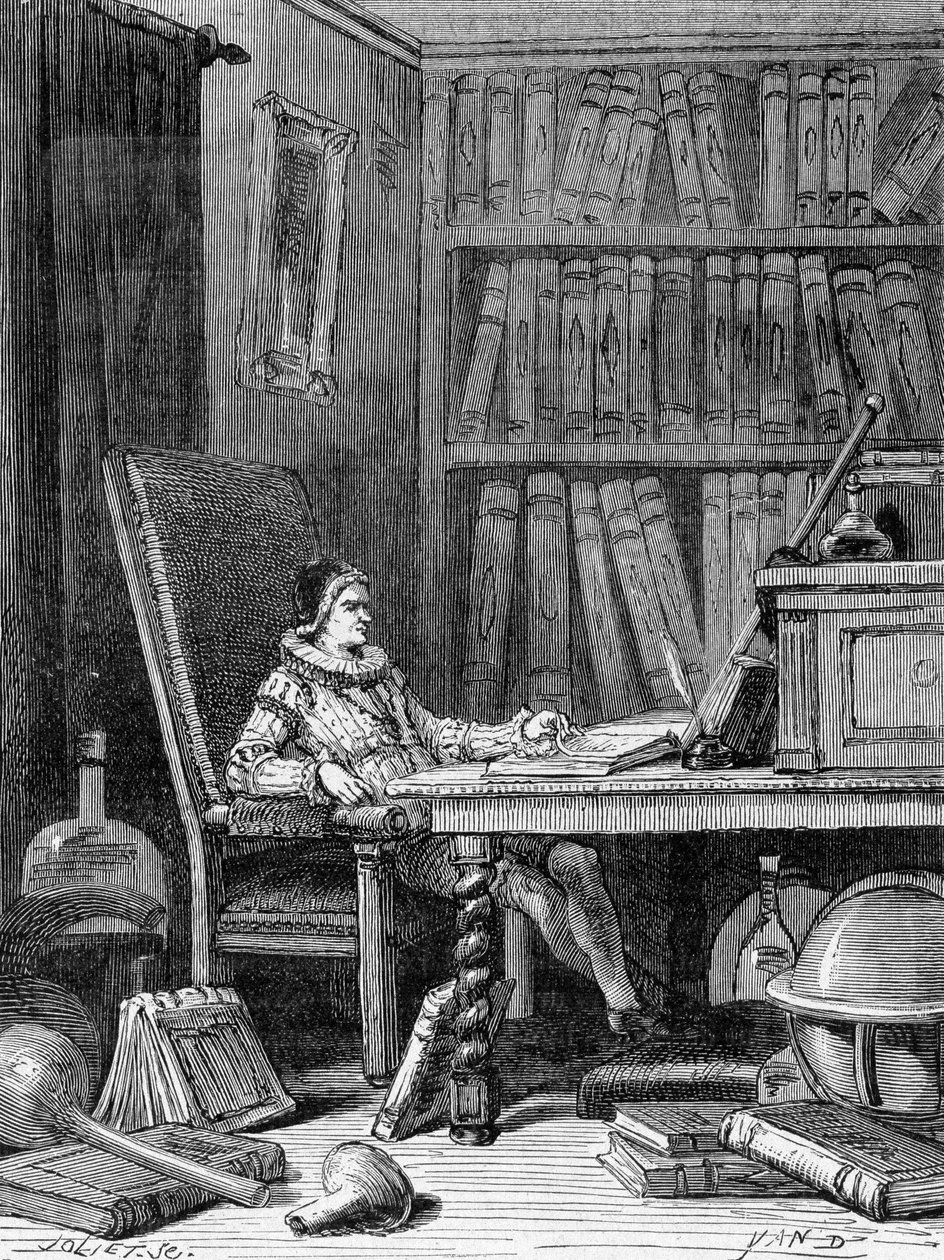 Guillaume Gilbert (1540 - 1603) piszący swój traktat „De arte Magnetica” około 1600 r. Rycina XIX w. autorstwa Unknown artist