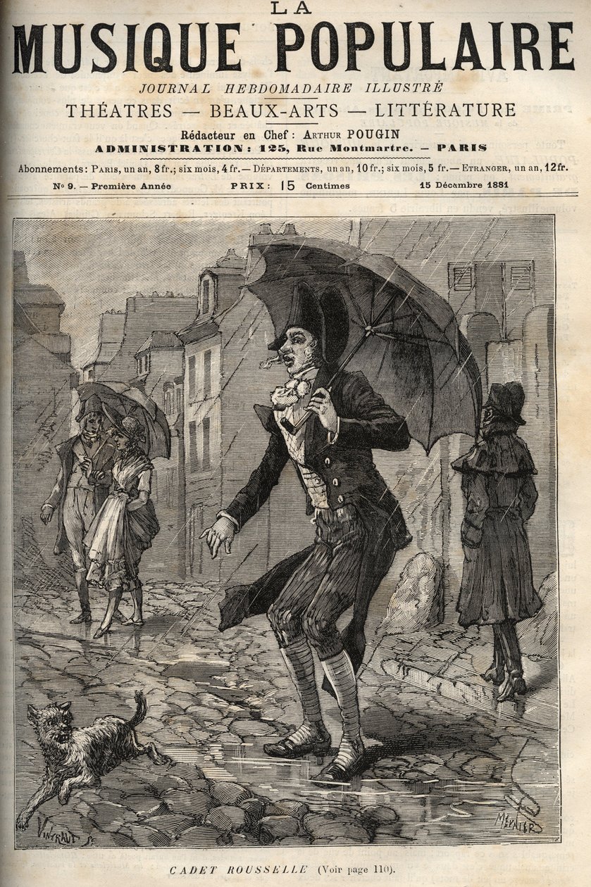 Guillaume Joseph Rousselle (Roussel), znany jako Cadet Rousselle (1743-1807), francuski komornik, w deszczu przy rue de Paris. grawerunek w tygodniku ilustrowanym „Muzyka popularna” - 1881 autorstwa Unknown artist