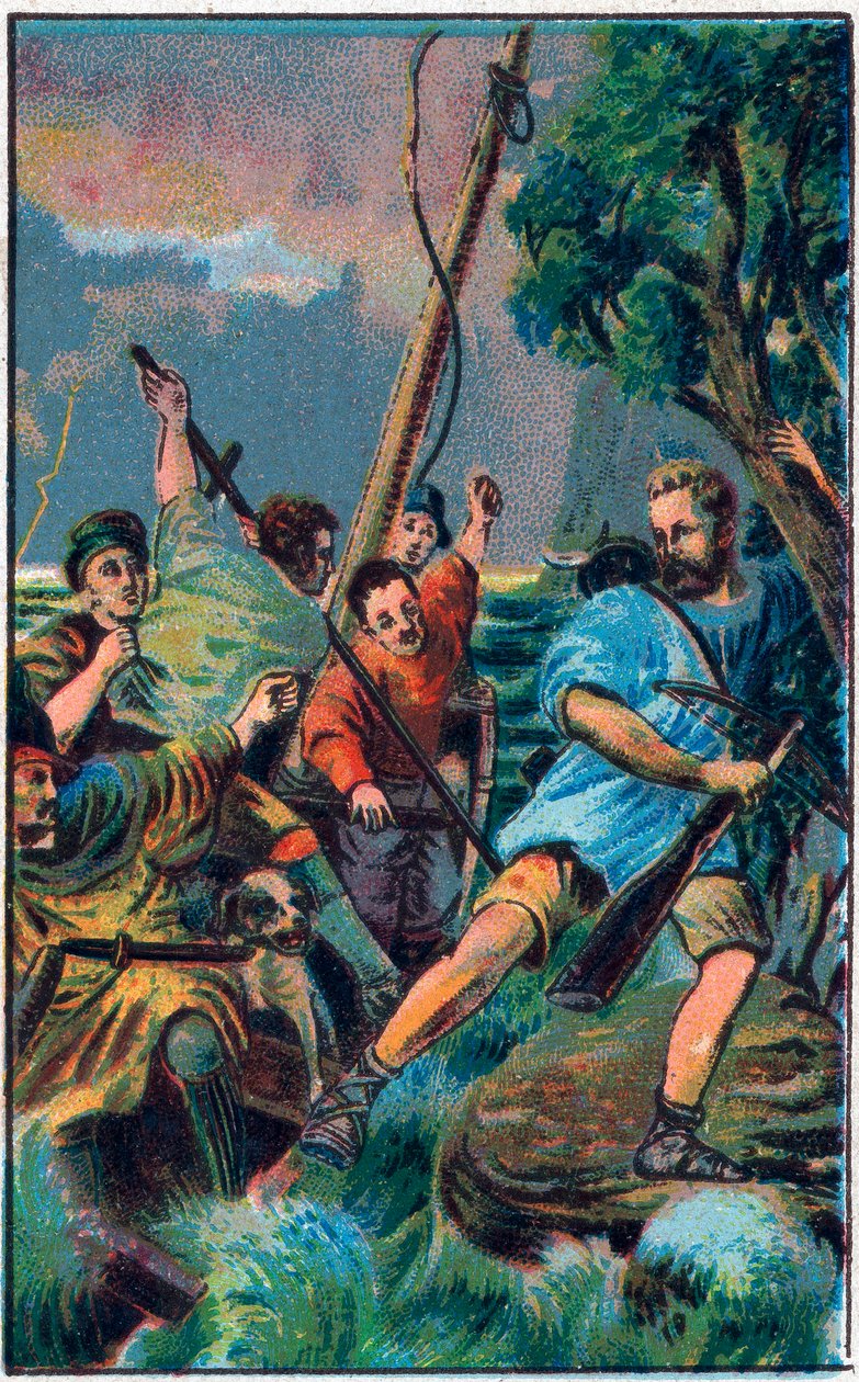 Guillaume Tell (William Tell) (legendarni bohaterowie szwajcarskiej niepodległości) ucieka z łodzi Gesslera. Chromolitografia z końca XIX wieku. autorstwa Unknown artist