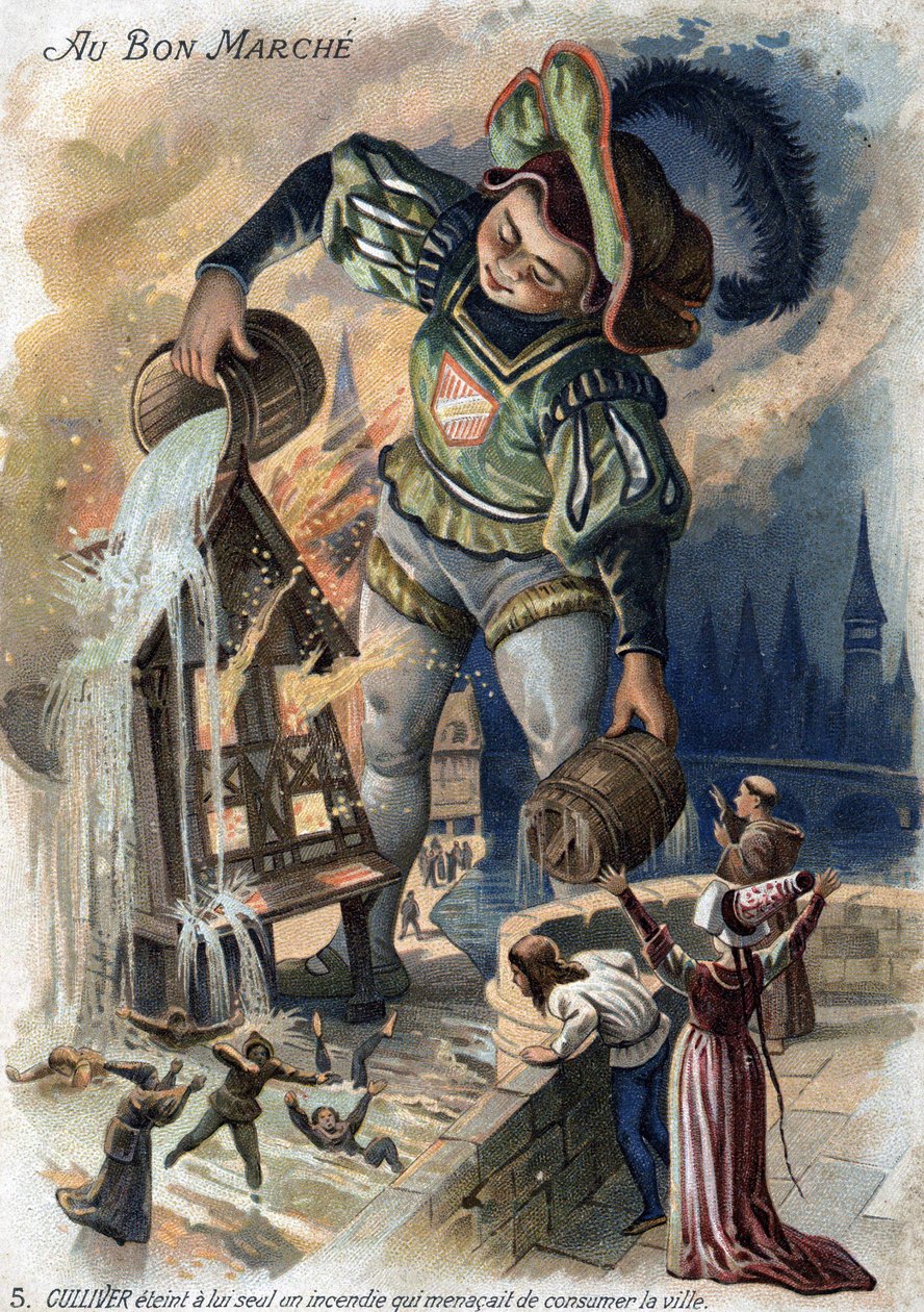 Podróże Guliwera przez Jonathana Swifta. Sam Guliwer wzniecił pożar, który groził pochłonięciem miasta w Lilliput. Chromolitografia XIX wiek. (tani). autorstwa Unknown artist