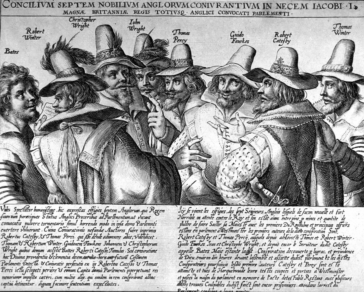 Proch strzelniczy: Bates, Robert Winter, Christopher Wright, John Wright, Thomas Percy, Guido Fawkes, Thomas Winter autorstwa Unknown artist