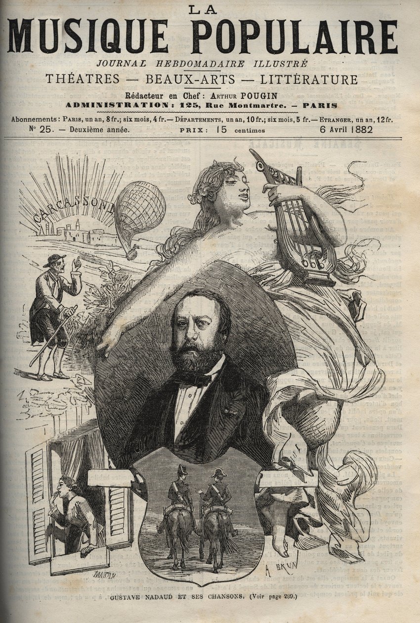 Gustave Nadaud (1820-1893), francuski autor tekstów piosenek i jego pieśni - rycina w słynnym tygodniku „La musique populaire”” - 1882 autorstwa Unknown artist