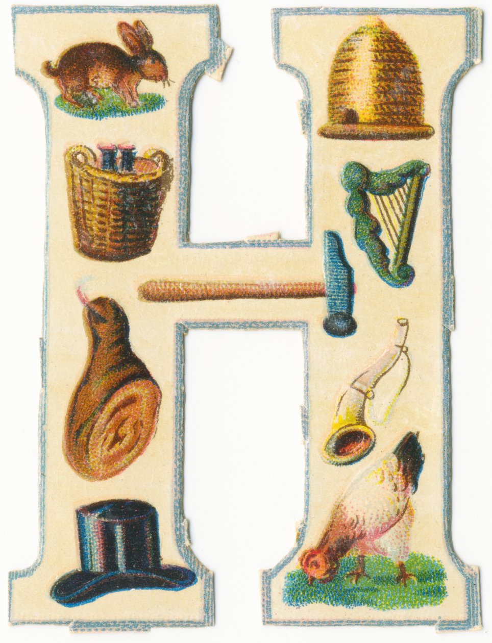 H: zając, ul, kosz żniwny, harfa, młotek, szynka, róg, kapelusz, kura (kolor lito) autorstwa Unknown artist