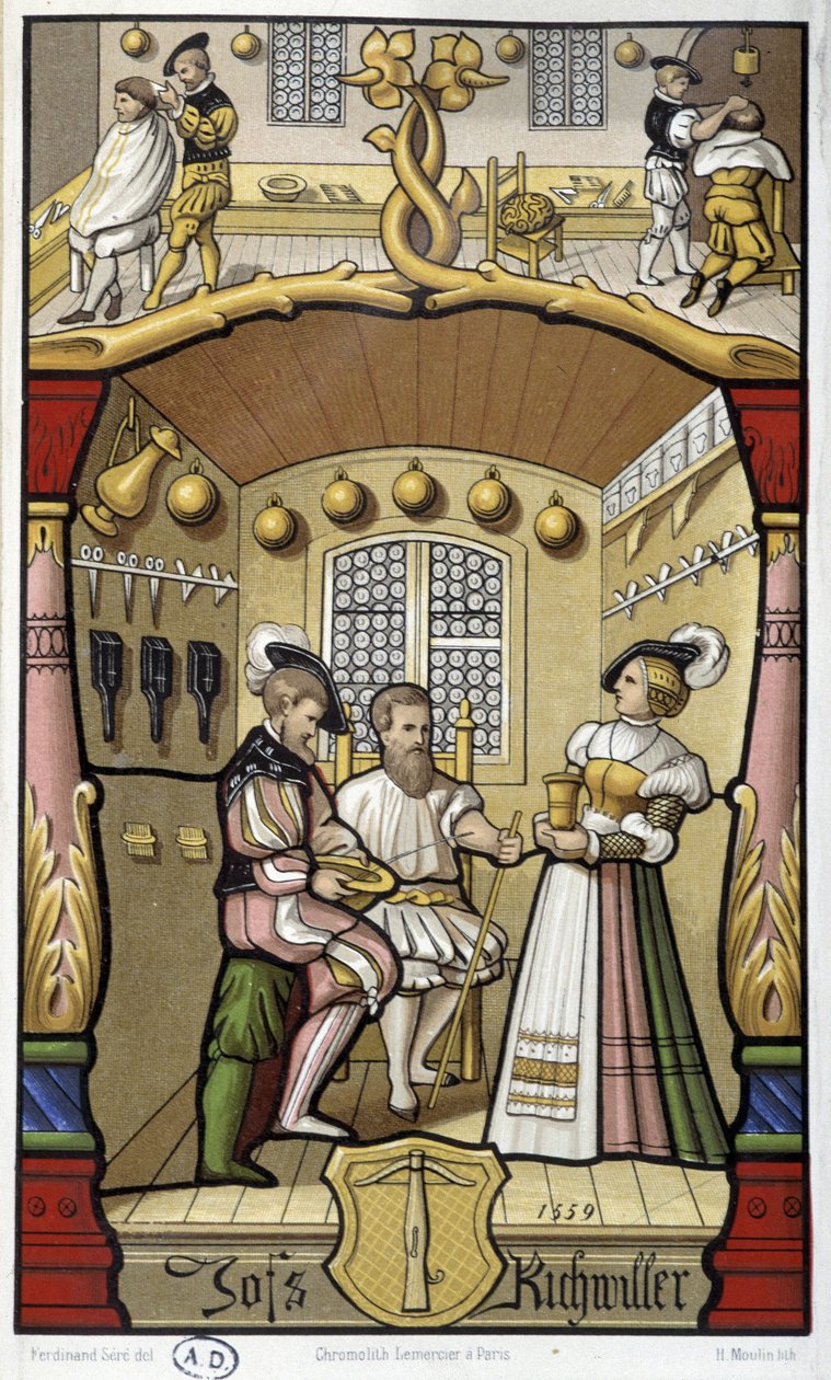 Sceny fryzjerskie i fryzjerskie - faksymile miniatury z 1559 r. autorstwa Unknown artist