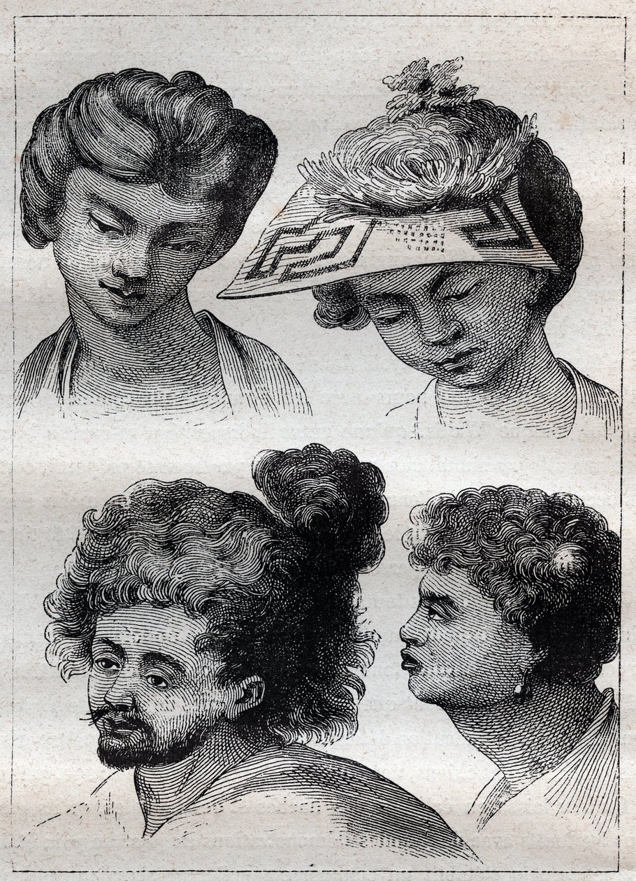 Fryzury mieszkańców Taiti (Tahiti) - ilustracja zaczerpnięta z „Wielkich Marynarzy XVIII wieku”” autorstwa Unknown artist
