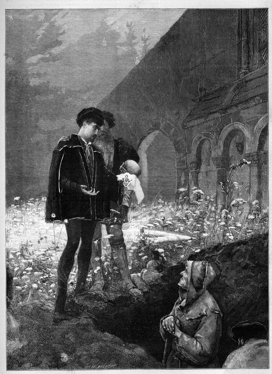 Hamlet na cmentarzu według tytułowej sztuki Williama Szekspira (1564-1616). Grawerowanie w „”Le Monde Illustré”” autorstwa Unknown artist