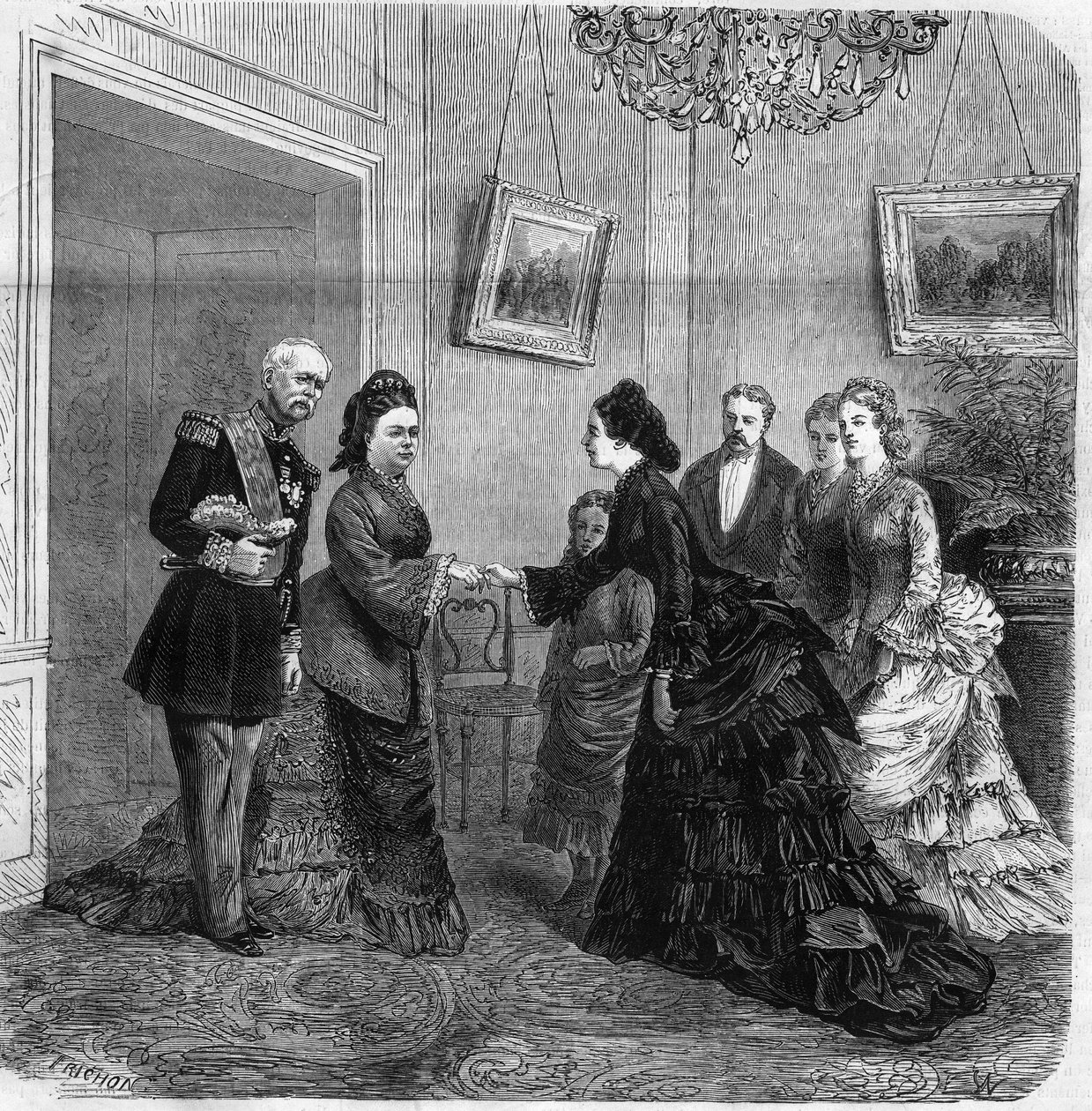 Handheld między Elisabeth de Mac Mahon (1834-1900) a austriackim impresorem Elisabeth de Wittelsbach (1837-1898) (Sissi) podczas wizyty prezydenta Republiki Francuskiej Patrice de Mac-Mahon (1808-1893) w Austrii. 1875. Grawer w „Wszechświecie” autorstwa Unknown artist