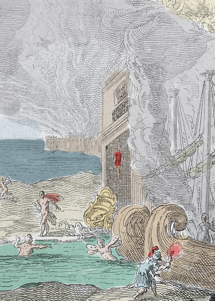 Powieszony Iphis odparty przez Anaxarete. Fragment ilustracji zaczerpniętej z księgi XIV „Metamorfozy” (Metamorfosi) Ovide