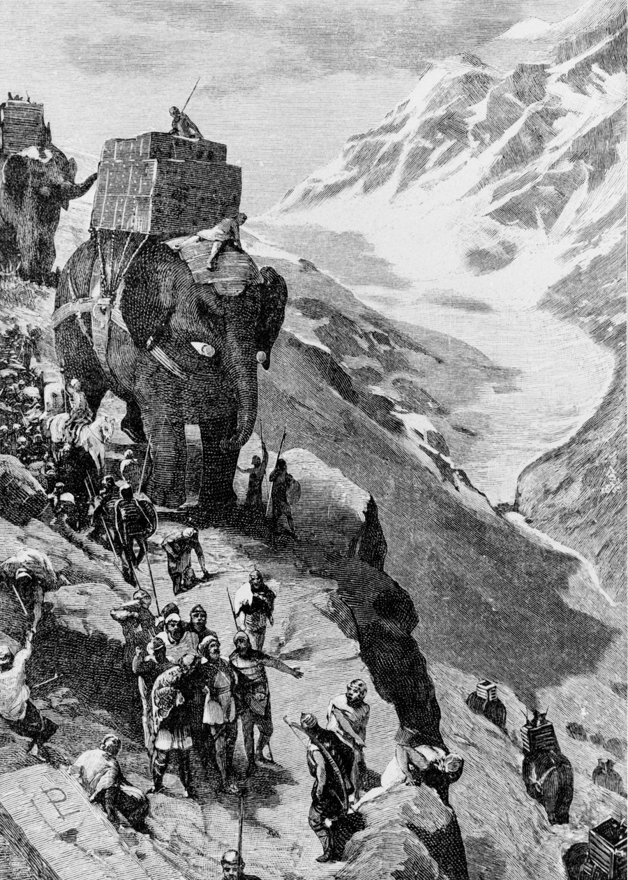 Hannibal przemierza Alpy ze słoniami i przybywa do Włoch w 218 p.n.e. (Druga wojna punicka). Rycina XIX wieku. autorstwa Unknown artist