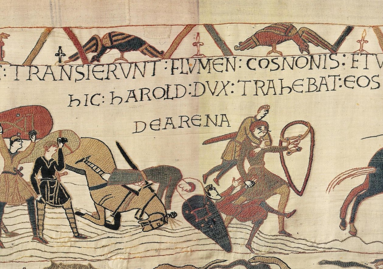 Harold Drags Norman Soldiers z ruchomych piasków, gobelin z Bayeux (haft z wełny na płótnie) autorstwa Unknown artist