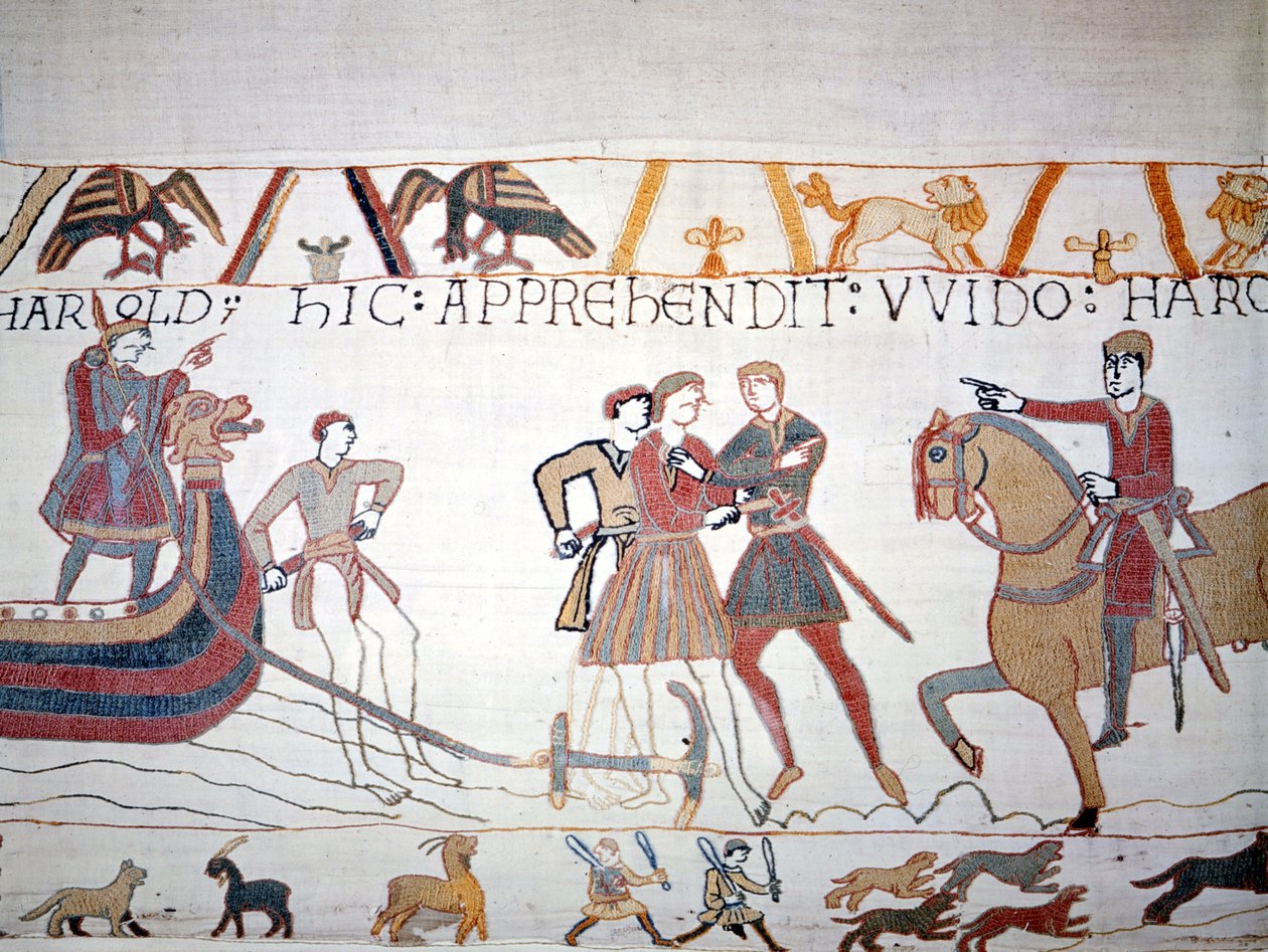 Harold II (1022-1066) wylądował w Normandii, gdzie został schwytany przez Wilhelma I Zdobywcę (1027-1087). Gobelin z Bayeux, znany jako Haft królowej Matyldy autorstwa Unknown artist