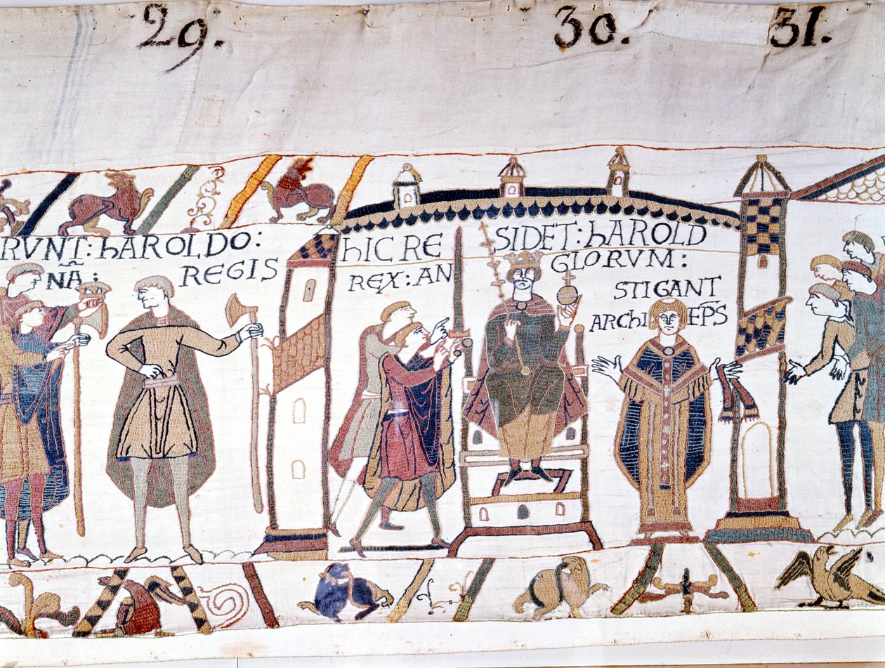 Harold II (1022 - 1066) został ogłoszony królem po śmierci Edwarda Wyznawcy w 1066, ale wkrótce zginął w bitwie pod Hastings. Gobelin z Bayeux lub Haft królowej Matyldy autorstwa Unknown artist
