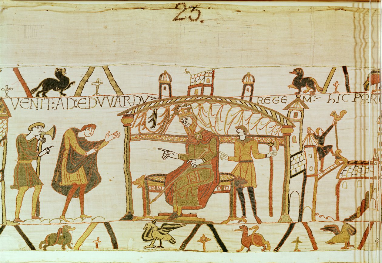 Harold staje przed królem Edwardem, Bayeux Tapestry (haft wełniany na płótnie) autorstwa Unknown artist