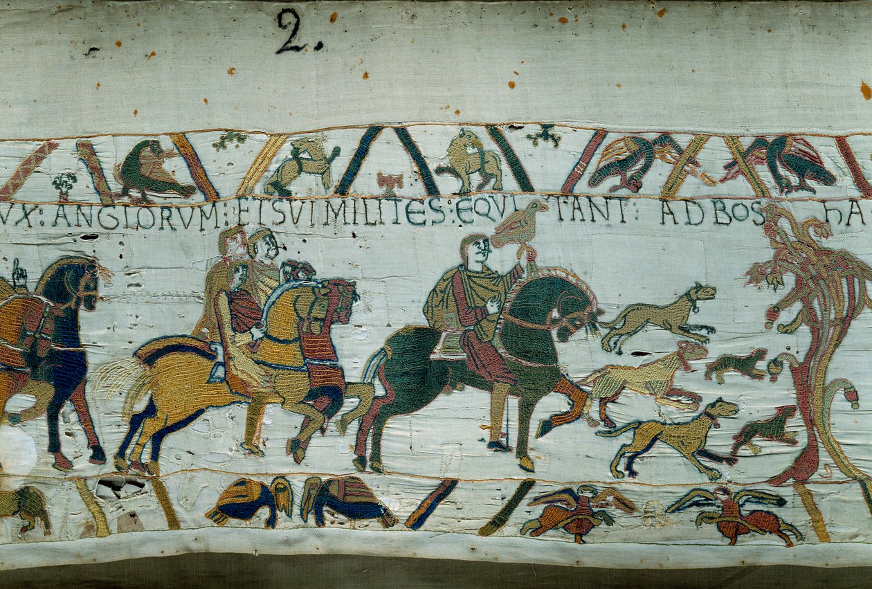 Harold, przyszły król Anglii, został wysłany przez króla Edwarda Wyznawcę, aby poinformował Wilhelma Zdobywcę (1027-1087), że będzie jego następcą korony angielskiej. Udaje się na wybrzeże Detal Manche of Bayeux Tapestry lub Embroidery of Queen Math autorstwa Unknown artist