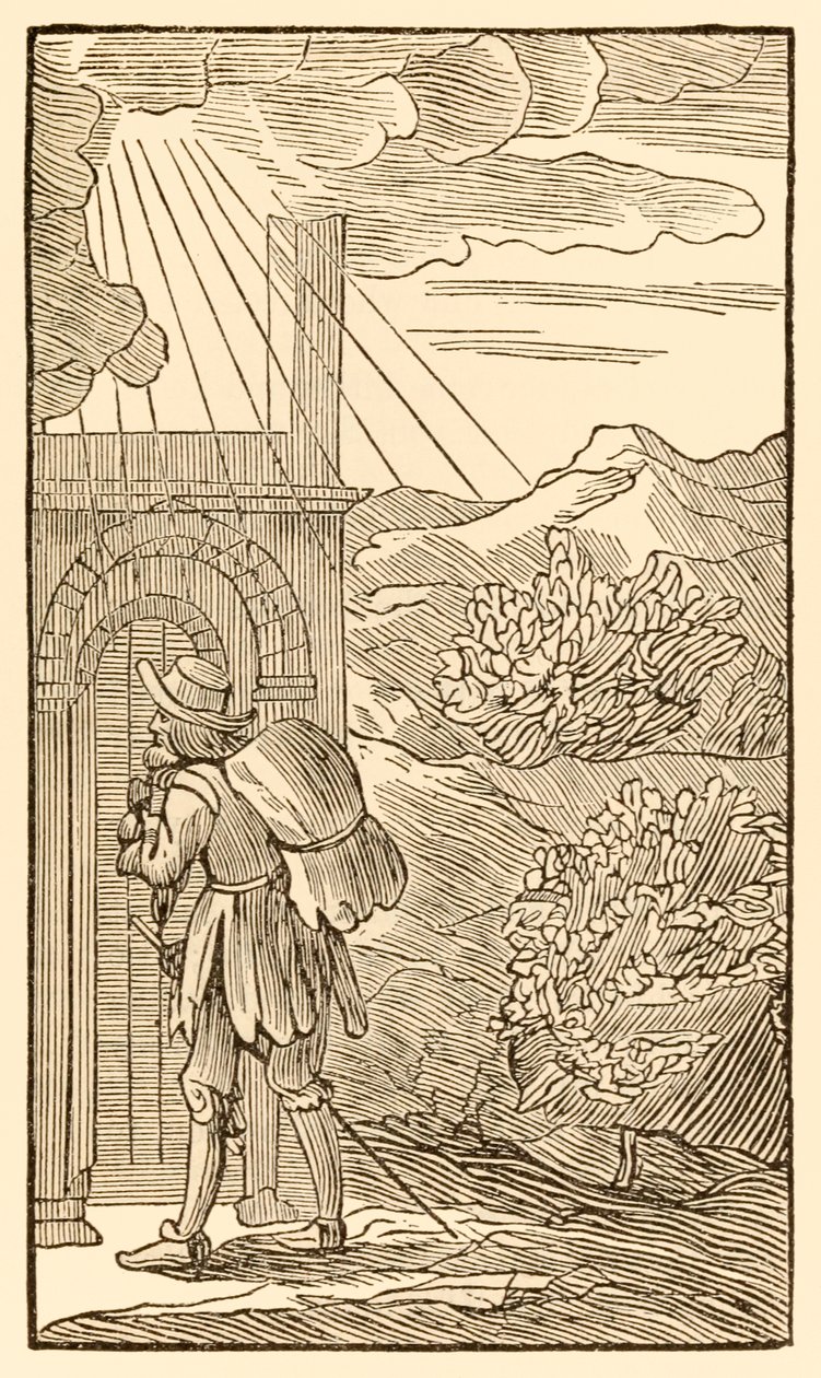 Ten, który wejdzie, musi najpierw bez Stania pukać do Bramy… z „Pielgrzymów Postępu z tego świata, do tego, który ma nadejść” Johna Bunyana (1628-1688) Pielgrzym dociera do wejścia do autorstwa Unknown