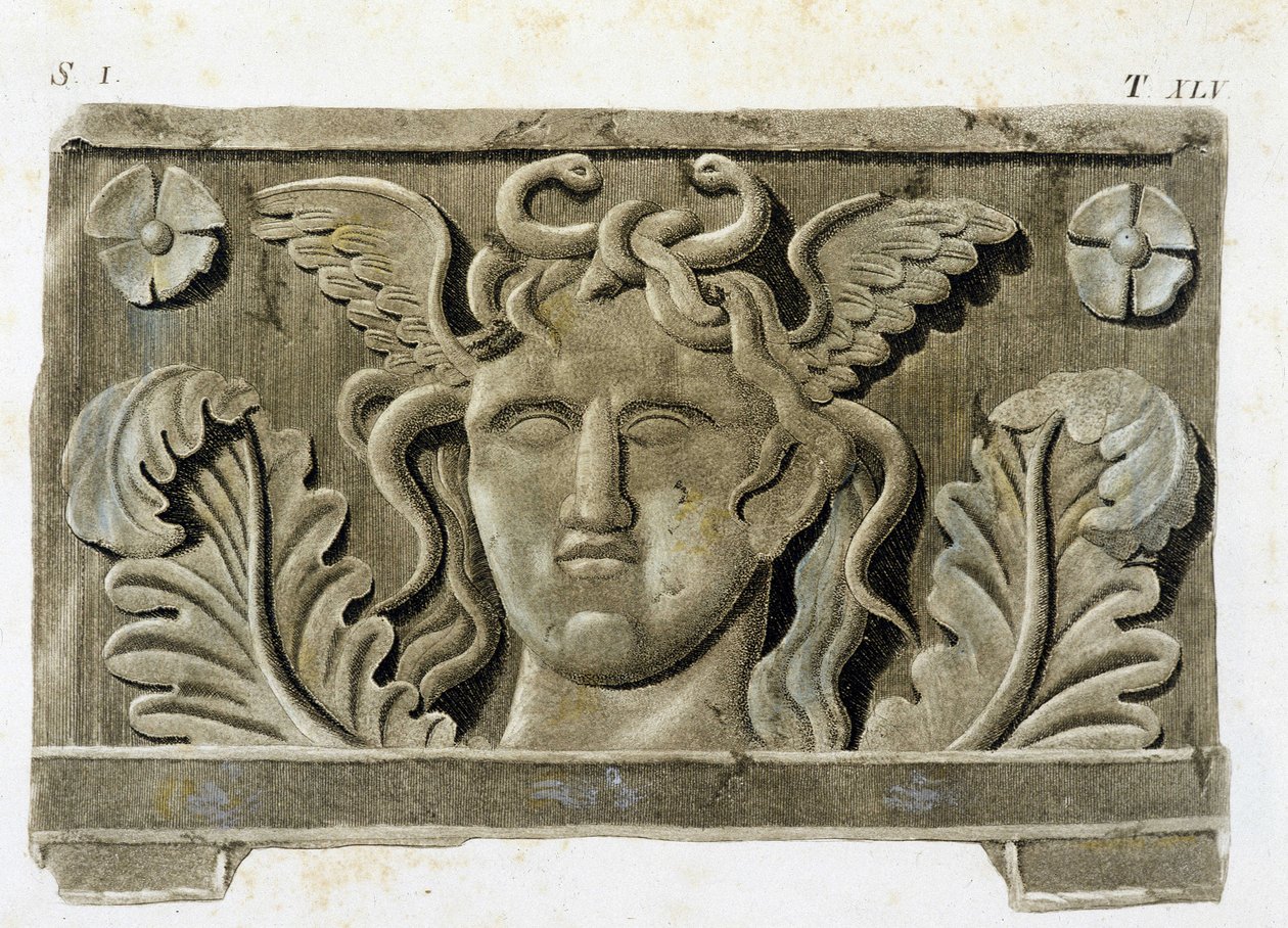 Głowa Meduzy, jedna z trzech Gorgone, kamienna płaskorzeźba - w „Monumenti Etruschi””. autorstwa Unknown artist