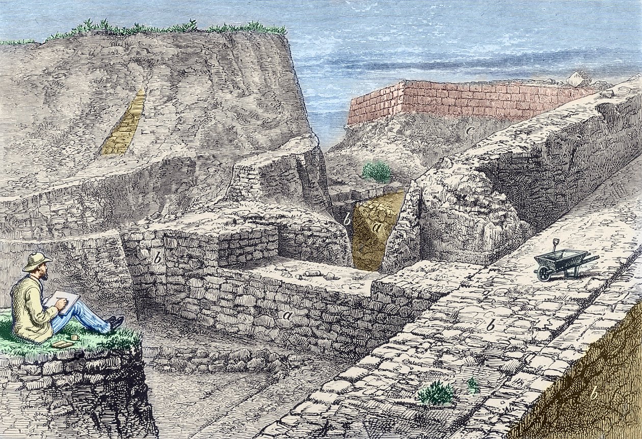 Heinrich Schliemann wykonujący rysunki murów Troi (Hissarlik) podczas wykopalisk autorstwa Unknown artist