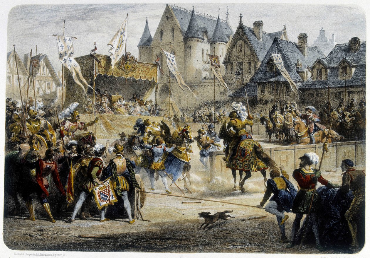 Henri II (1519 - 1559) ranny śmiertelnie przez Montgomery podczas turnieju 29 czerwca 1559, rue St Antoine, przed Palais des Tournelles - litografia autorstwa Unknown artist