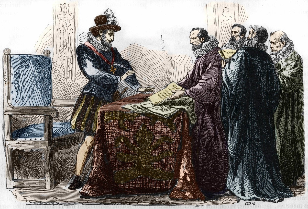 Henryk IV (1553-1610) podpisujący Edit of Nantes w dniu 13 kwietnia 1598 r. autorstwa Unknown artist