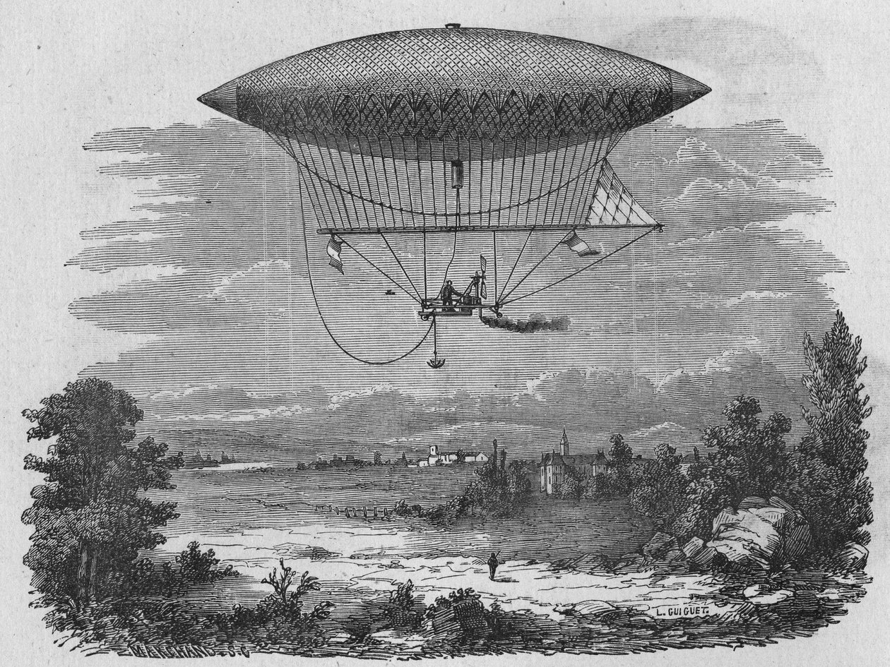 Henry Giffard testuje 44-metrowy aerostat parowy. W „Albumie nauki””, Editions Jouvet autorstwa Unknown artist