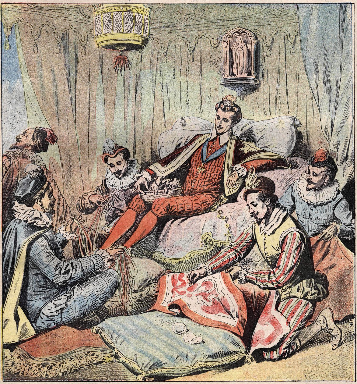 Henryk III (1551 - 1589) i jego słodziaki. Król (Henryk III; 1551 - 1589) siedzi z tyłu; ma na nogach wstążki z plecionki Quelus i Maugiron; Schomberg robi gobelin... z O i Epernon wygląda przez otwory, wreszcie Chicot siada na jednym z odźwiernych. autorstwa Unknown artist