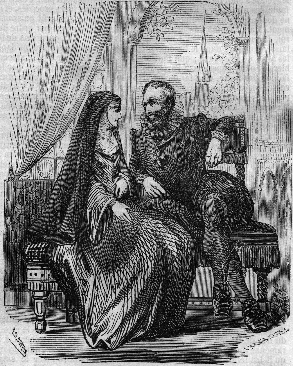 Henryk IV król Francji (1553-1610) z ksieni Montmartre Marie de Beauvilliers - Rycina z XIX wieku autorstwa Unknown artist