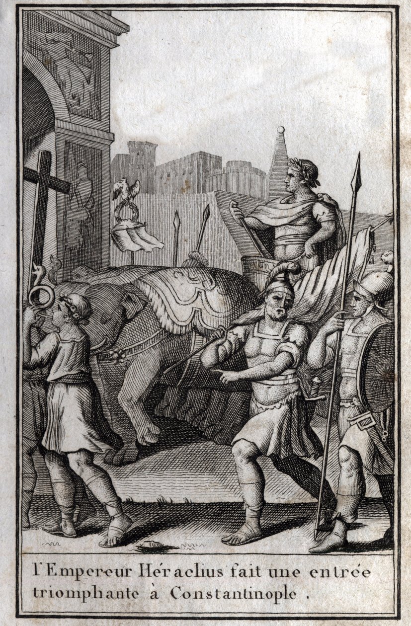 Herakliusz I (Flavius Heraklius, Herakleios (ok. 575-610/641), cesarz bizantyjski, triumfalnie wkroczył do Konstantynopola. Wspiął się na rydwan, do którego dosięgły cztery słonie i przyniósł zdobyty Krzyż Prawdziwy (Święty Krzyż). od autorstwa Unknown artist