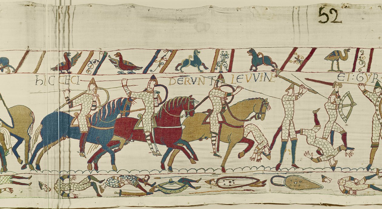 Tu upadli bracia Harolda: Gyrth i Leofwine, Bayeux Tapestry (haft wełniany na płótnie) autorstwa Unknown artist