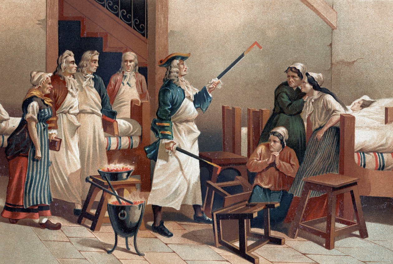 Hermann Leyde Boerhaave (1688-1738), holenderski lekarz ze swoimi studentami przed histeryczkami ze szpitala Leyde. Po „La Ciencia y sus Hombres par Louis Figuier”. Barcelona 1881 autorstwa Unknown artist