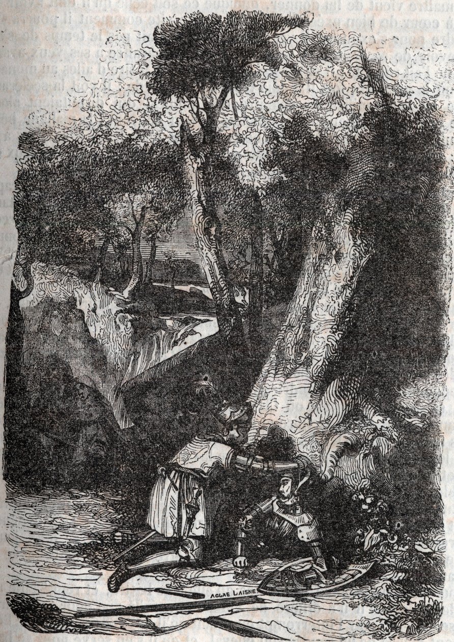 Hermonides przewrócony i uratowany przez Zerbina - 1851 rycina z „” Wściekły Roland”” (Orlando furioso) (XVI w.) Ludovico Ariosto, znanego jako Ariosta - Wydanie przetłumaczone z włoskiego przez hrabiego Tressan i opublikowane przez Gustave Harvard 1851 autorstwa Unknown artist