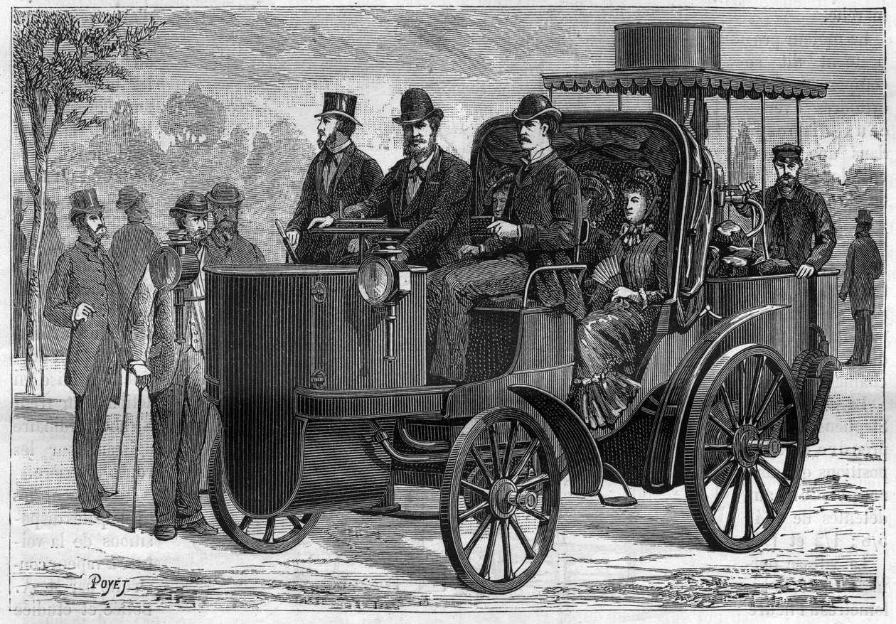 Szybki wagon parowy (mancelle) autorstwa Amedee Ernesta Bollee (1844-1917). Grawerowanie w „”La Nature”” autorstwa Unknown artist