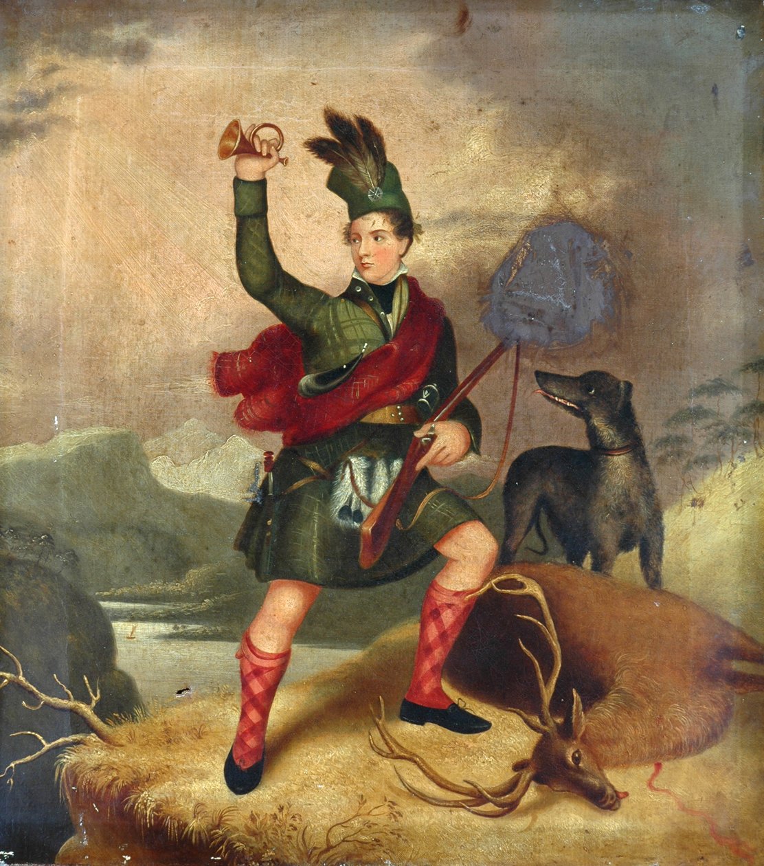 Highland Hunter z psem i martwym jeleniem, ok. 1850 autorstwa Unknown