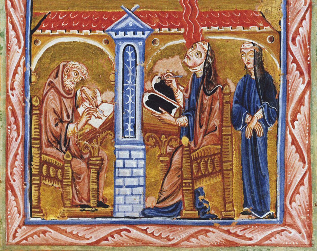 Hildegarda z Bingen otrzymuje wizję w obecności swojego sekretarza Volmara i jej powiernika Richardis autorstwa Unknown artist