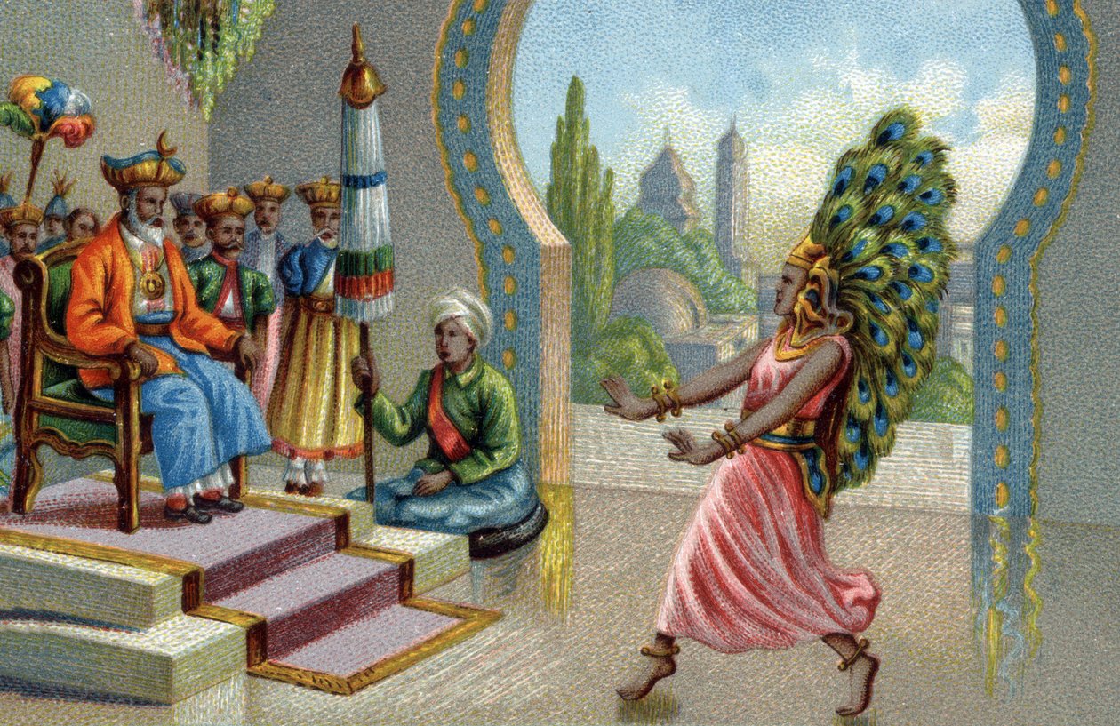 Hinduska tancerka ozdobiona pawimi piórami: mieszkańcy ozdabiają się pawimi piórami lub robią ogony. Chromolitografia XIX wieku autorstwa Unknown artist