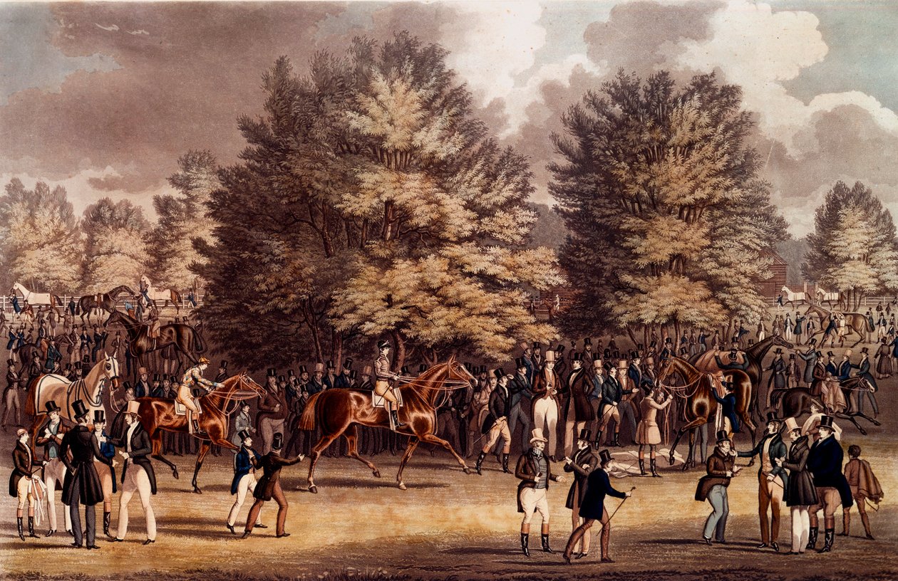 Hippizm: przygotowania przed wyścigiem w Epsem w Anglii. Litografia z 1836 r. ze zbiorów prywatnych autorstwa Unknown artist