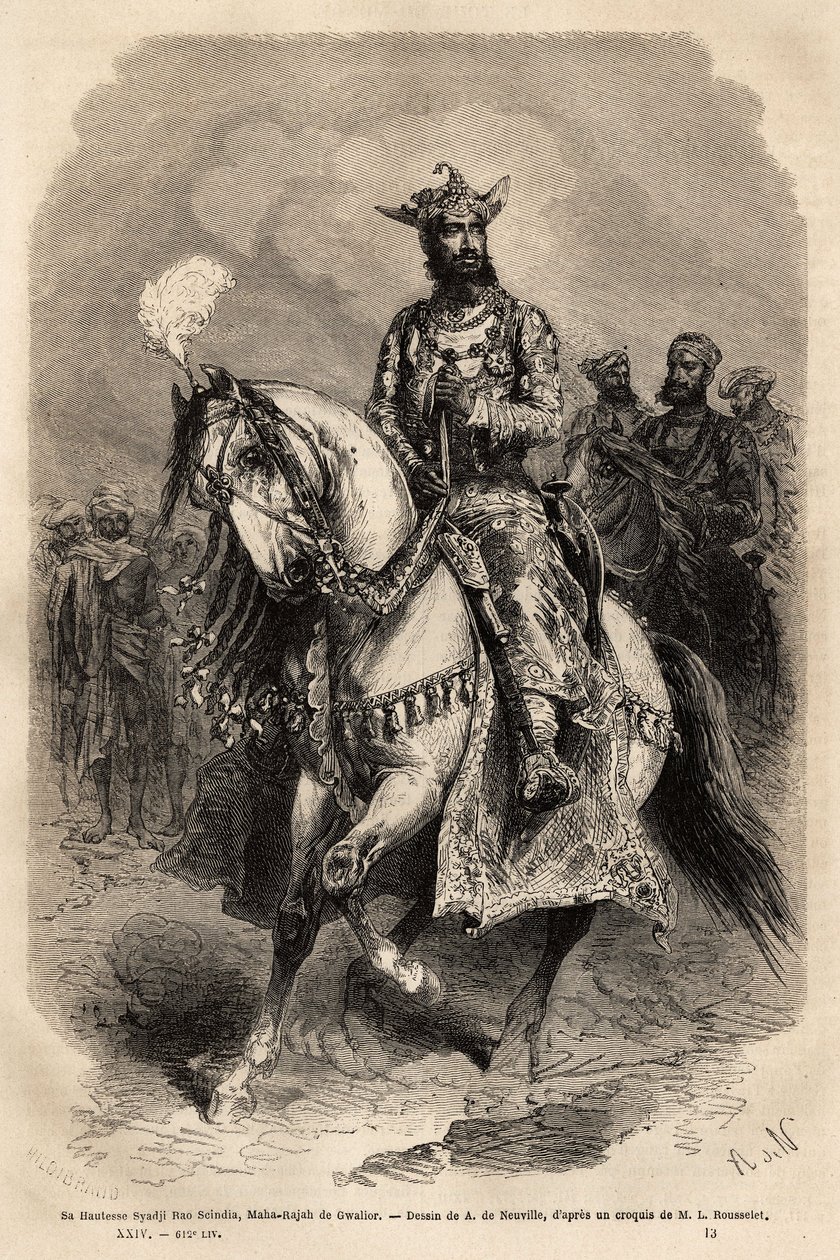 Jego Wysokość Syadji Rao Scindia (1846-1886), Maharadża Gwalioru (obecnie Madhya Pradesh). Grawerowanie ilustrujące Indie radżów Louisa Rousseleta, w latach 1864-1868, opublikowane w „Le tour du monde”” 1872, pod redakcją Edouarda Chartona, Hachette edi autorstwa Unknown artist