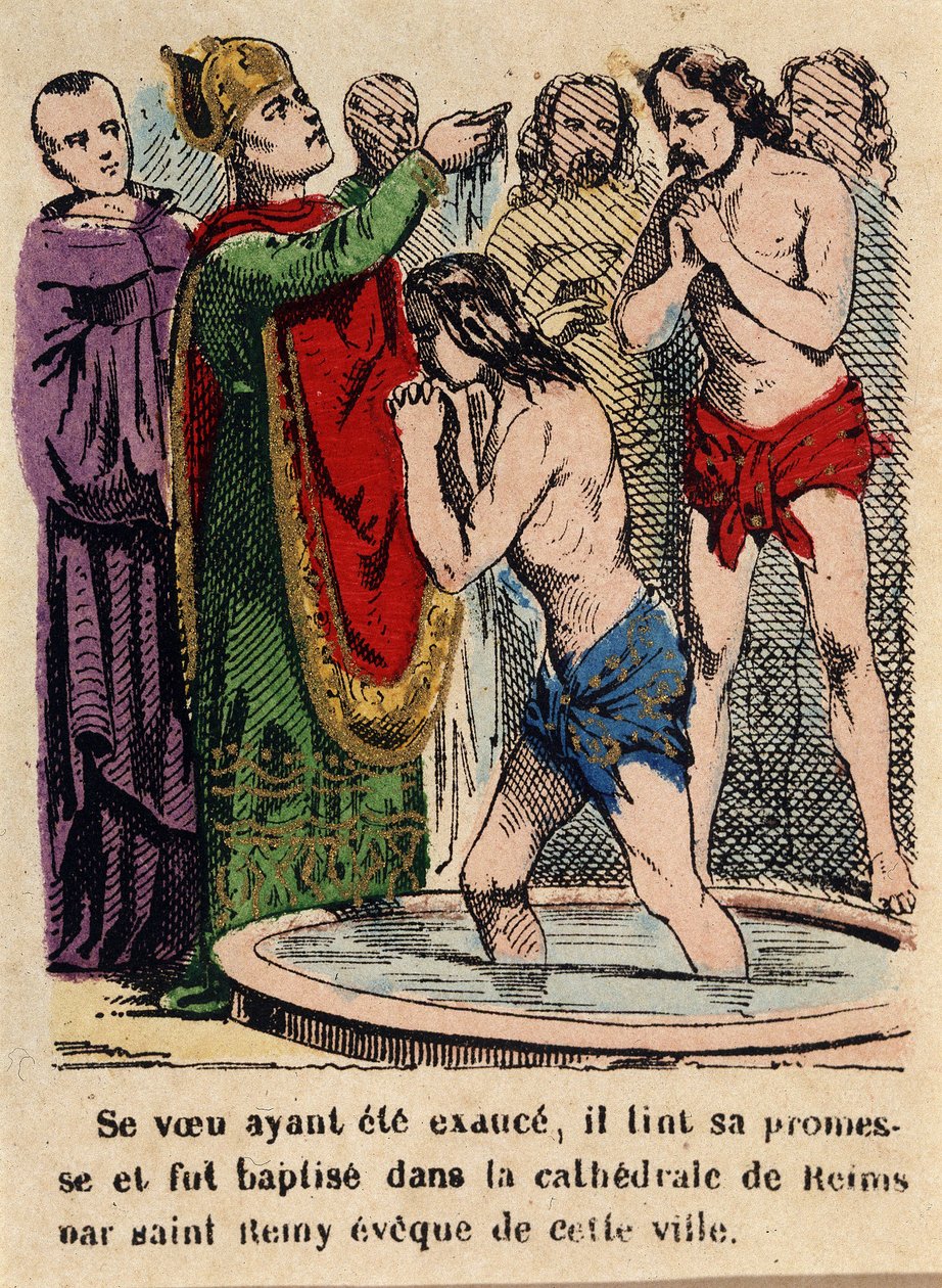 Ślub został dopełniony, Clovis został ochrzczony w katedrze w Reims przez św. Remiego, biskupa miasta autorstwa Unknown artist